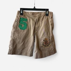 Boys Sz 10 Polo tan cargo shorts w/ green number 5 & embroidered crest logo Sz10